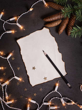 paper and pencil on the background of fir branches, cones for christmas