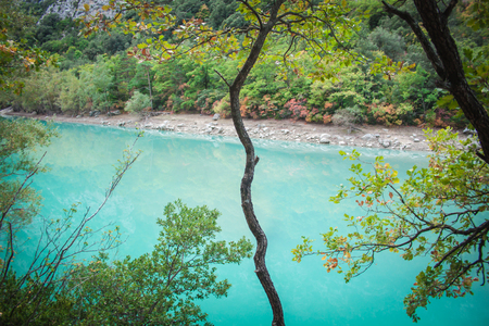 Blue River and autumn color treesの写真素材