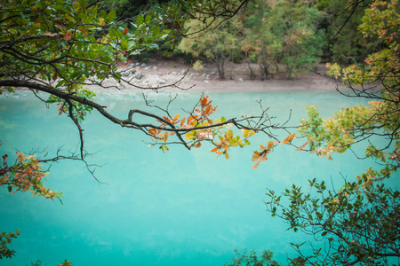 Blue River and autumn color treesの写真素材