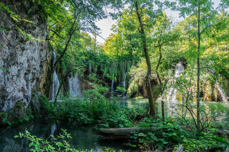 Plitvice Lakes in Croatia with beautiful waterfall and blue waterの写真素材