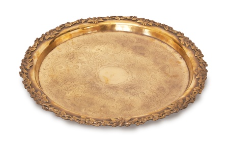 gold tray isolated on whiteの写真素材