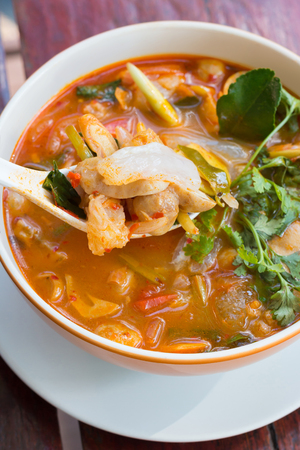 Thai Food (Tom Yum) spicy pork tendon soup.の写真素材