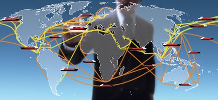 bussinessman selecting lane on the large world shipping routes map.