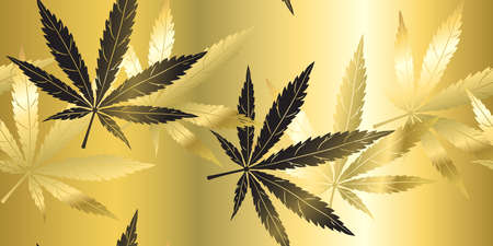 Golden Marihuana leave, Hemp leaf, Cannabis leave, Ganja leaf, silhouette of leave symbol illustration on Golden Background, Luxury Design Pattern Background.の写真素材