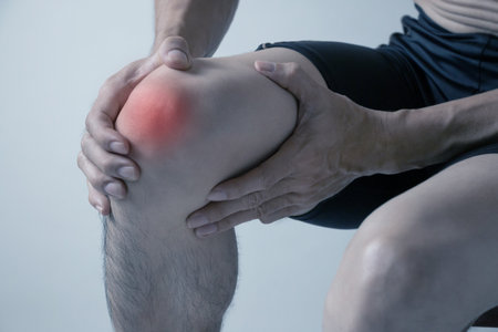 Joint pain, Arthritis and tendon problems. a man suffering from knee pain.の写真素材