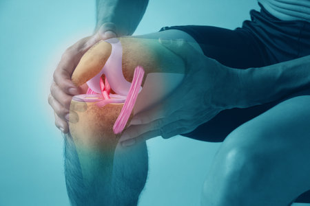 A man suffered a serious knee injury after suffering anterior cruciate ligament tear in a sports accident.の写真素材