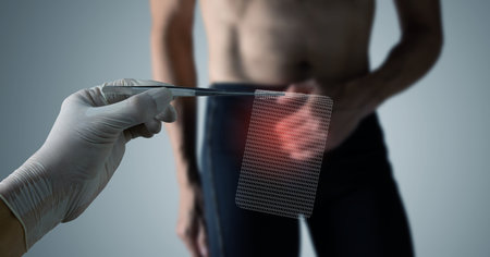 A man presents with abdominal pain from a hernia as a surgeon presents surgical mesh to treat the condition.の写真素材