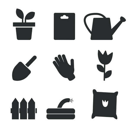 Garden flat icons set. Contains icons for seed fence, garden tool, fertilizer, and more. Vectorのイラスト素材