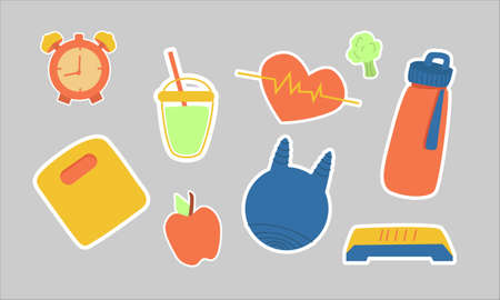 Fitness equipment set. Healthy lifestyle concept.Vector stickersのイラスト素材