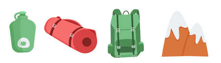 Travel gear and gear. Essentials, vector. The mountains. Isolated on white background.のイラスト素材