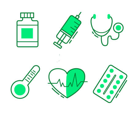 A set of medical icons in green. Stethoscope and pulse, pills. Health concept. Vector.のイラスト素材