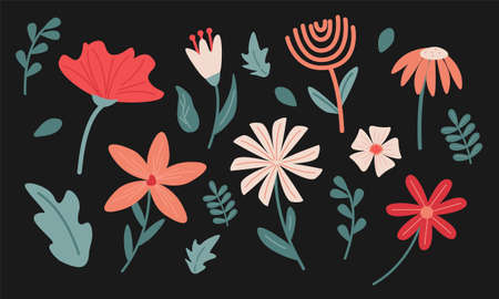 Set of bright flowers or plants on a dark background. Suitable for postcards, invitations, fabric decoration.のイラスト素材