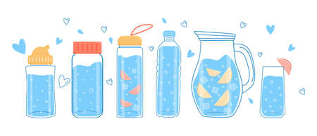 Drink plenty of water. A set of water or liquid bottles. Vector.のイラスト素材