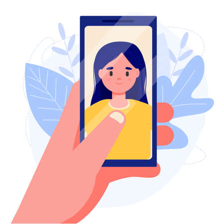 Video chat, concept of online call or working video meeting. Conversation on the phone in video format. Design template for flyer, leaflet or blog.のイラスト素材