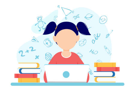Online education at home. Online learning concept. Girl study at the computer. Vector illustration in a flat style.のイラスト素材