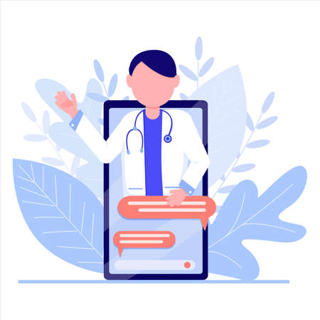 Online doctor appointment. Modern technologies of medicine and health care. Home consultation with a doctor by phone. Vector graphics.のイラスト素材