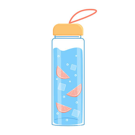 Water bottle in flat style. Drink plenty of water. A full bottle of cold liquid and orange. Vector.のイラスト素材