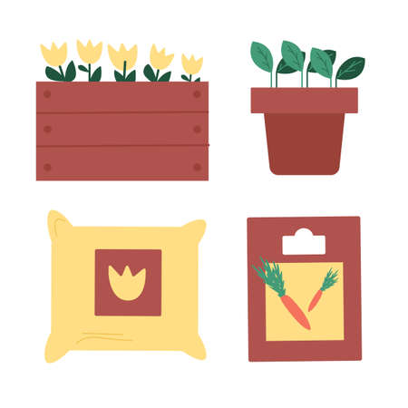 Seedling. Flower and garden seeds and fertilizers minimal flat style icons set.のイラスト素材