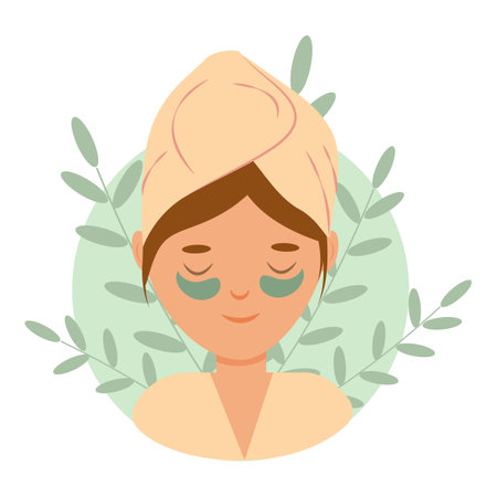 The girl makes cosmetic spa procedures. Facial mask and patches, skin care and relaxation. Spa concept at home. Vector graphics in a flat style. Isolated on white background.のイラスト素材