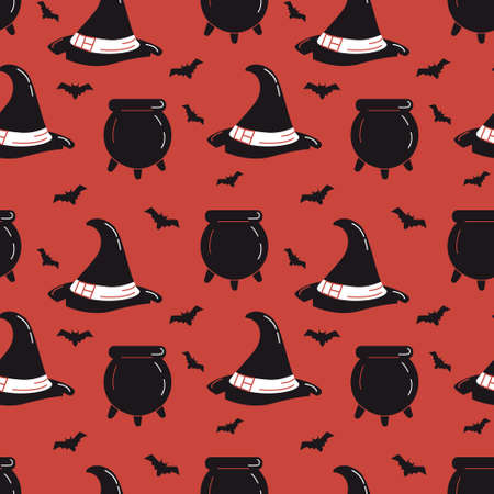 Seamless pattern with witch hat and bats on an orange background. Halloween design. Vector graphicsのイラスト素材
