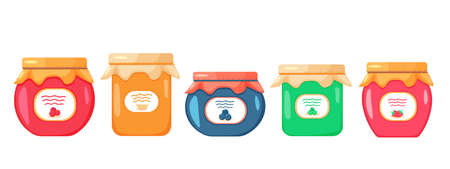 Glass jar with strawberry jam. A set of homemade berry and fruit jam. Vector illustration in cartoon flat style. Isolated on a white backgroundのイラスト素材