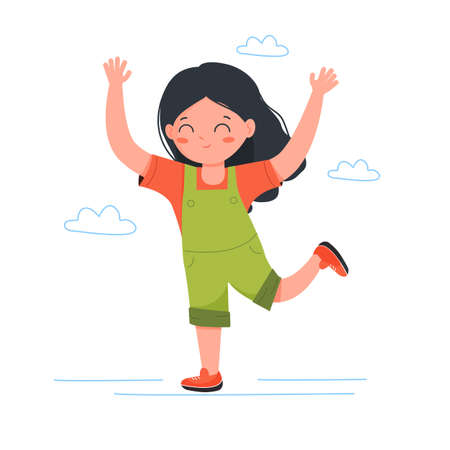 Happy girl plays and walks on the street. Happy childhood concept. Nice and sweet little girl smiles. Vector illustration in flat styleのイラスト素材