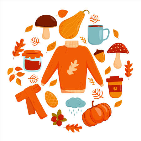 Autumn collection. Cozy autumn set with coffee, tea and leaves. Vector illustration in flat cartoon style isolated on white backgroundのイラスト素材