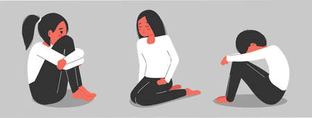 Psychology. Set of men and women in depression and despair. A woman and a man are experiencing mental disorders and diseases. Psychiatry concept. Vector illustrationのイラスト素材