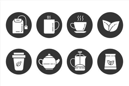 Tea icons. Hot drink simple symbols set. Leaves and cups. Vector illustration isolated on white background.のイラスト素材
