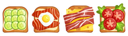 Variety of delicious sandwiches for breakfast, snacks, snacks.Sandwich with toast and ham, cheese and tomatoes, also with salad and bacon. Vector illustration in flat cartoon style.のイラスト素材