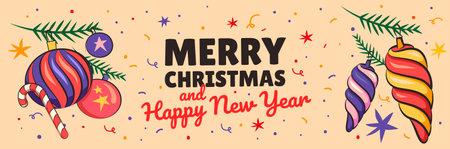 Happy New Year and Merry Christmas card, banner with typography and Modern Xmas design with in modern flat style for web, social media, print. Christmas tree, balls, stars on a light backgroundのイラスト素材