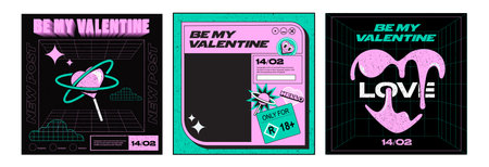 Templates of Valentine's Day posters, banners stickers and with futuristic elements background in modern geometric style. Vintage retro elements and texture, abstract geometric shaのイラスト素材