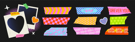 Colorful duct Tape Y2k style. Vintage Photo Frame. The template is glued with decorative Stickers....