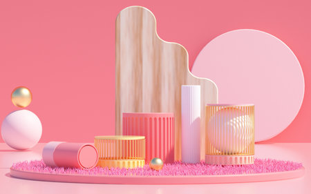 3d rendering of abstract geometric forms. Pink and golden podium for your design.の写真素材