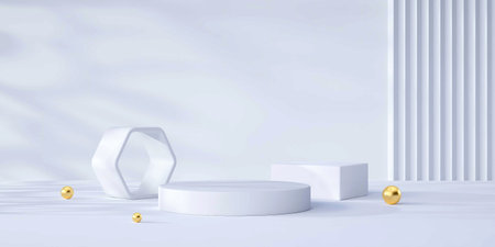 3d render of abstract minimal geometric forms. Glossy white podium for your design.の写真素材