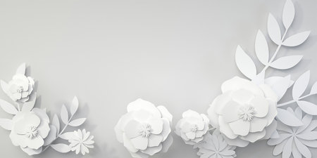 White paper flowers on white background. 3d rendering, 3d illustration.の写真素材