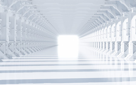 3d rendering of white corridor with light coming from the end.の写真素材