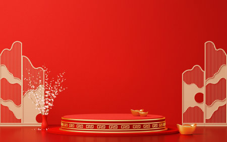 3d render of red podium with chinese elements on red backgroundの写真素材