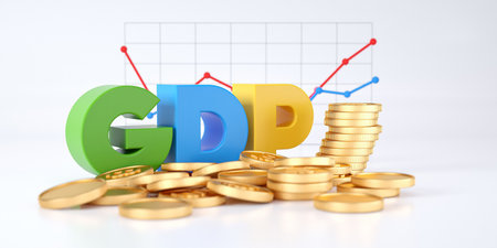 3d illustration of GDP growth graph and gold coins on white backgroundの写真素材