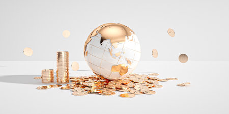 Globe and gold coins on white background. 3D illustration.の写真素材