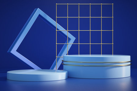 Podium and geometric shapes in blue composition for modern stage display and minimalist mockup. 3d renderの写真素材