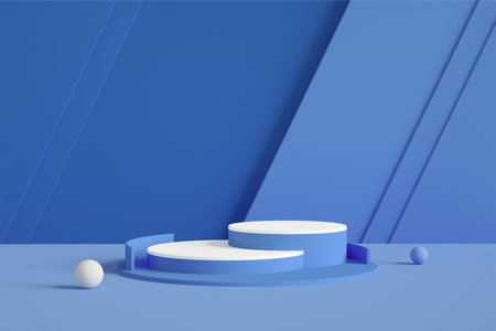 Abstract minimal scene with blue podium and white balls. 3d render