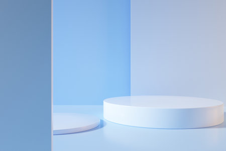 3d rendering of abstract minimal geometric forms. Glossy white podium for your design in blue color.の写真素材