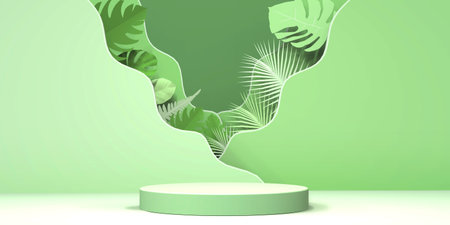 3d rendering of minimal product display podium with palm leaves background.