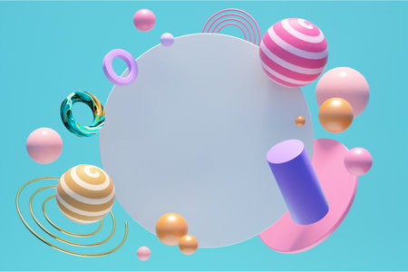 3d render of abstract geometric composition, minimalistic composition with balls, circles, rings and...
