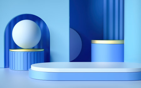 Abstract minimal scene with blue podium and blue curtains. 3d renderの写真素材
