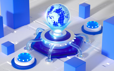3d illustration of abstract technology background with earth globe and blue cubesの写真素材