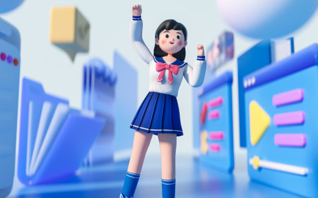 A 3D illustration of a Japanese schoolgirl in a blue skirtの写真素材