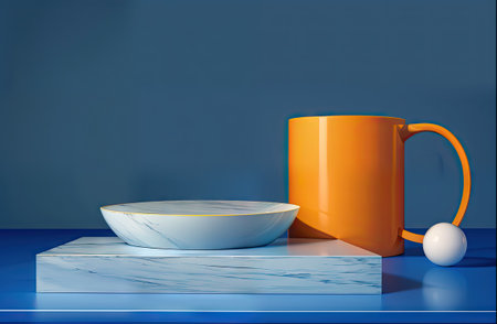 3d render of orange and white ceramic cup on blue background.の素材