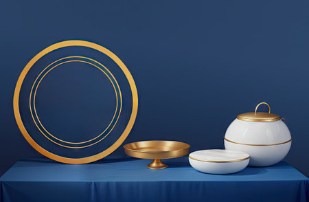 3d render of minimal geometric forms. Glossy gold podiums on blue background.の素材